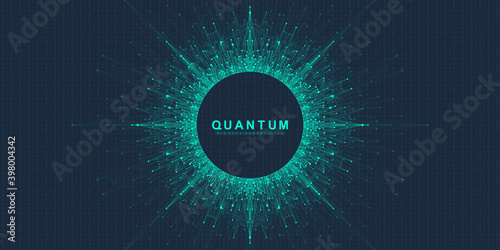 Quantum computer technology concept. Sphere explosion background. Deep learning artificial intelligence. Big data algorithms visualization. Waves flow. Quantum explosion, vector illustration.