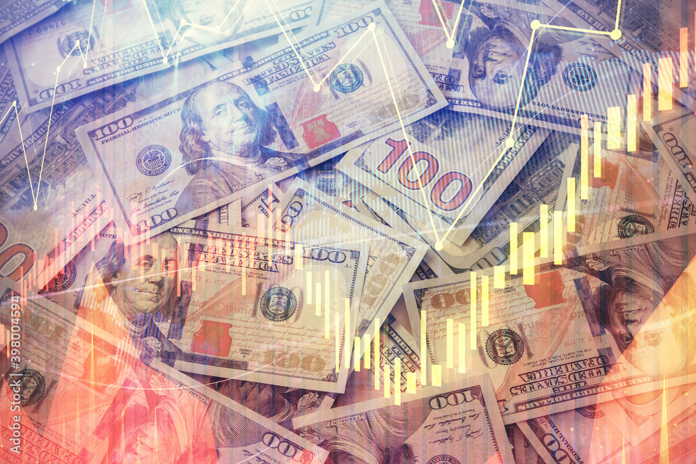Multi exposure of forex chart drawing over us dollars bill background. Concept of financial success markets. Multi exposure of forex chart drawing over us dollars bill background. Concept of financial success markets.