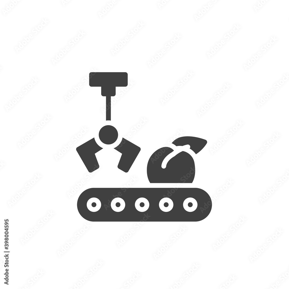 Fruit conveyor vector icon. filled flat sign for mobile concept and web design. Apple sorting conveyor glyph icon. Symbol, logo illustration. Vector graphics Fruit conveyor vector icon. filled flat sign for mobile concept and web design. Apple sorting conveyor glyph icon. Symbol, logo illustration. Vector graphics