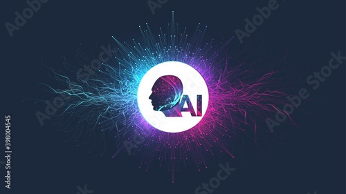 Artificial intelligence with Digital Brain, Neural Networks and Learning Processing Big Data, Machine Learning concept. Binary data flow on blue background. Vector illustration