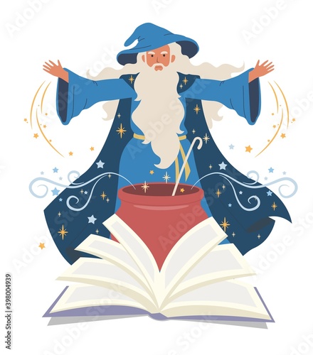 Wizard, mage cooking potion in cauldron and reading spell book, flat vector illustration. Warlock, sorcerer, old beard man in blue wizards robe, hat. Mystery, fantasy, witchcraft, magic Merlin spells.