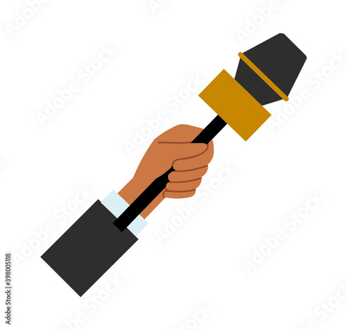 Hand holding a microphone vector illustration. Correspondent interviews with special equipment. Man holds a device for recording a human voice. Journalist hold microphone isolated on white background
