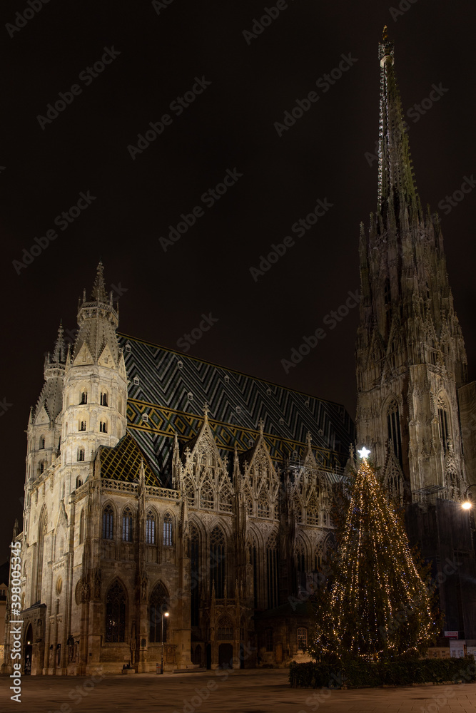 St. Stephan`s Cathedral  before Christmas in Vienna, Austria at Night without any people around.