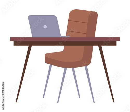 Modern workplace flat design. Office chair and office desk with a laptop isolated on white background. Furniture and equipment for the workplace of an employee or office worker, cabinet interior
