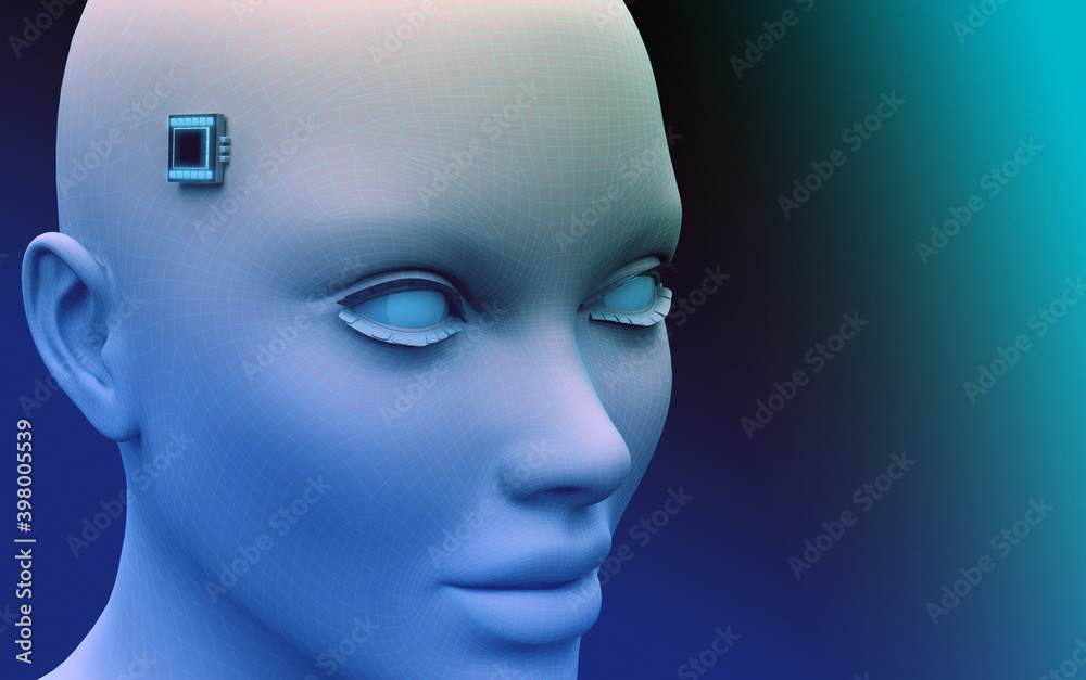 head of woman with an electronic chip on her temples head of woman with an electronic chip on her temples