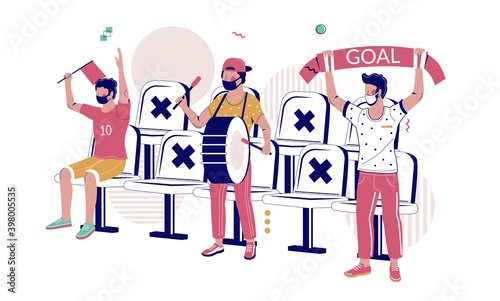 Football fans in face masks watching soccer game keeping social distancing from each other at the stadium, flat vector illustration. New normal after COVID-19 pandemic. Sport events, football match.