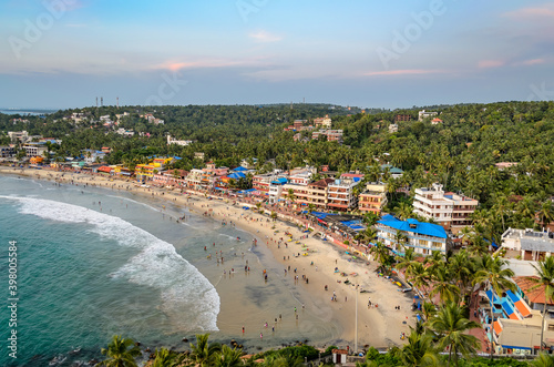 Aerial photo of people playing on the beach in Vizhinjam, Thiruvananthapuram, Kerala, India.