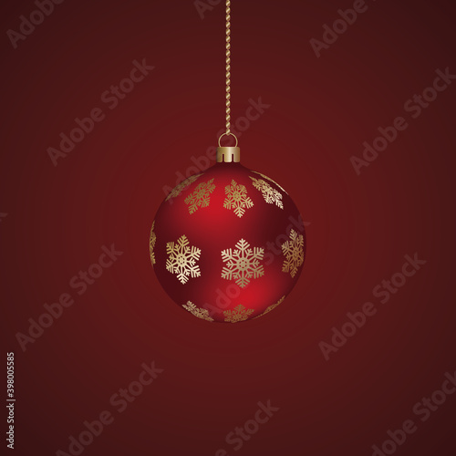 Christmas tree toy. Red glass ball. Ornament from golden snowflakes. Colored vector illustration. Isolated red background. The Christmas decoration is hung on a chain. Delicate decor.