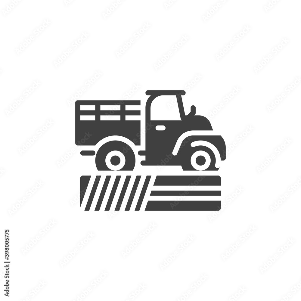 Pickup truck on field vector icon. filled flat sign for mobile concept and web design. Agricultural pickup truck glyph icon. Symbol, logo illustration. Vector graphics