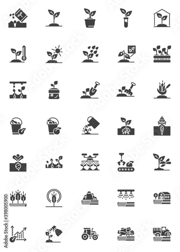 Farming agriculture vector icons set, modern solid symbol collection, filled style pictogram pack. Signs, logo illustration. Set includes icons as combine harvester tractor, field irrigation