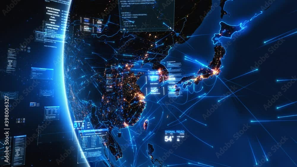 Bright connections and holographic charts forming a network over Southeast Asia. This video can be use to represent concepts like futuristic technology, social networks, augmented reality, IOT.