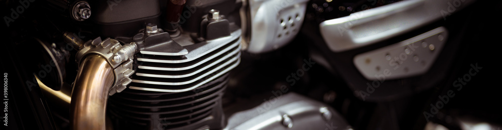 close up of motorcycle engine using as transportation cover page  - obrazy, fototapety, plakaty 