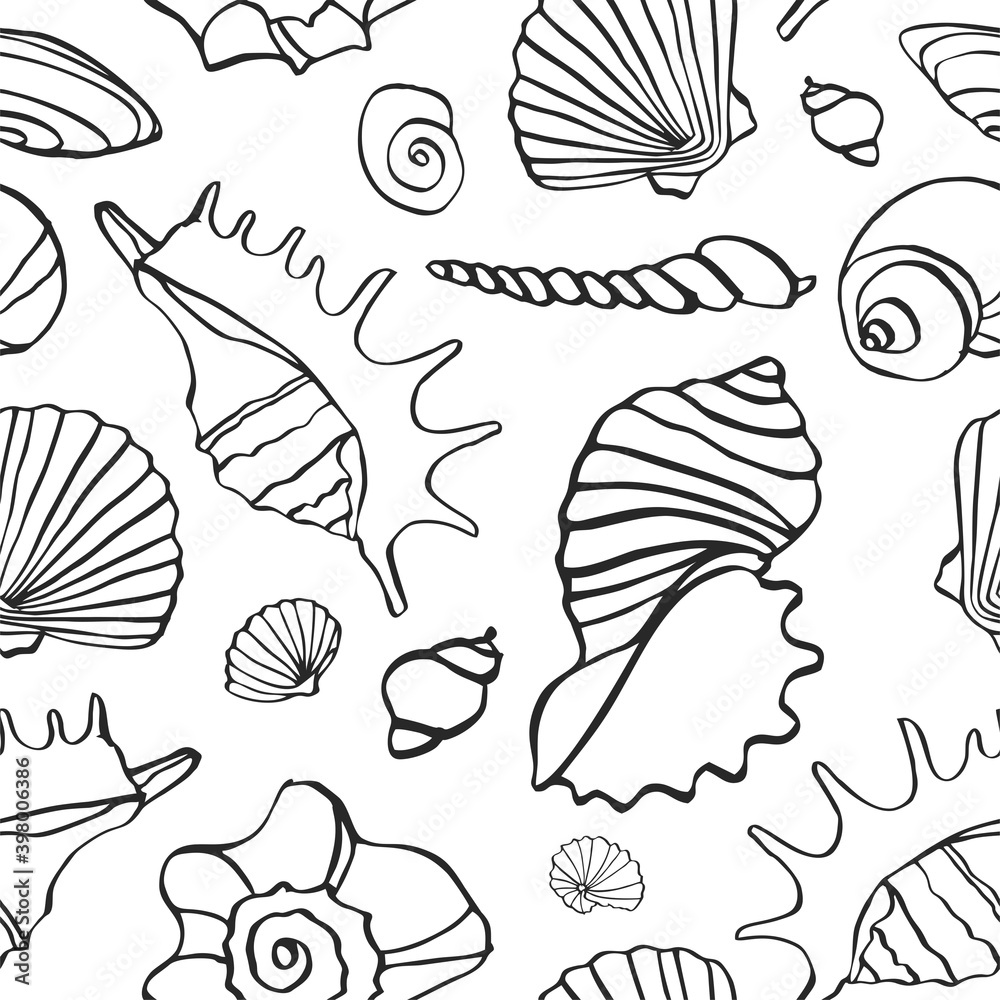 Decorative seamless pattern with shells outlined with a black line isolated on white. Background with sea symbols in Chinese style. Wrapping paper, Wallpaper, fabric printing. Vector illustration.