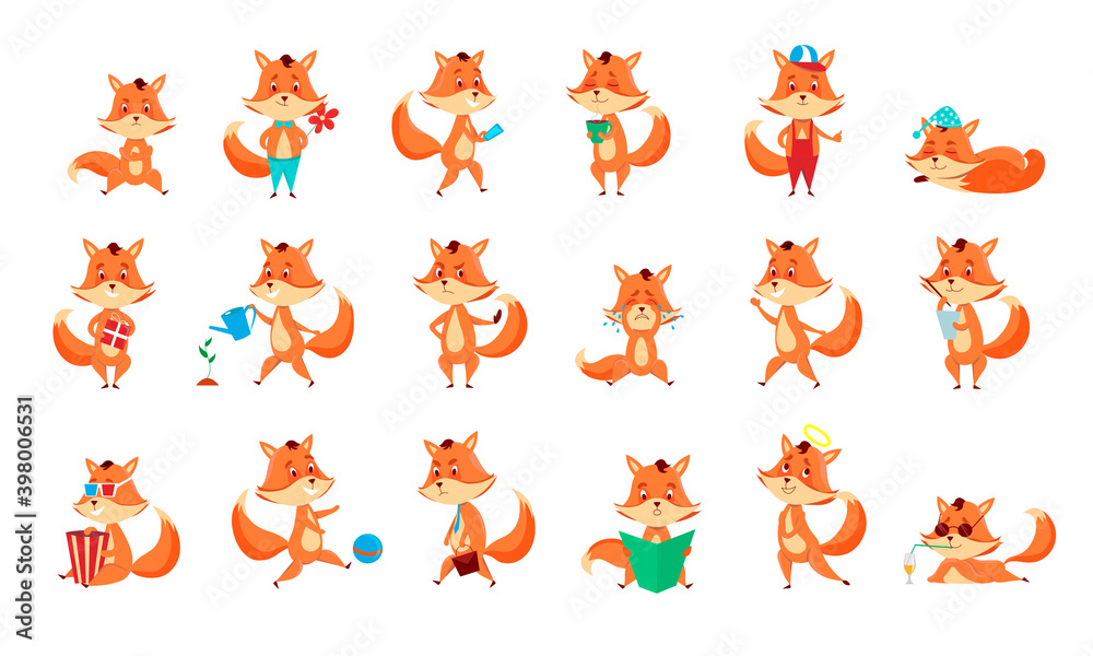 Obraz premium Cute little foxes showing various emotions and actions. Cartoon characters of animals. Flat vector illustration. 