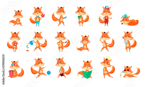 Cute little foxes showing various emotions and actions. Cartoon characters of animals. Flat vector illustration. 