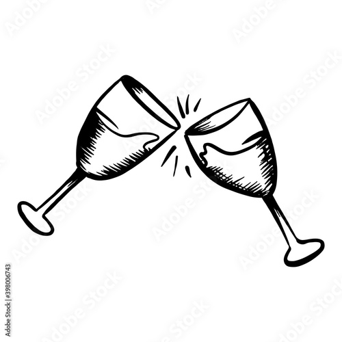 New Years glass of champagne on an isolated white background. Christmas element in hand draw style. Sparkling wine, splashes, glasses chin chin. Vector illustration.
