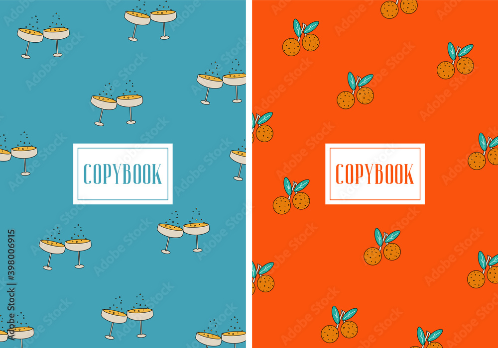 Fototapeta premium Merry Christmas. Set of bright vector flat covers for copybook with tangerines and glasses of champagne. Covers in two colors for winter holidays. Winter Christmas copybooks with funny elements. 