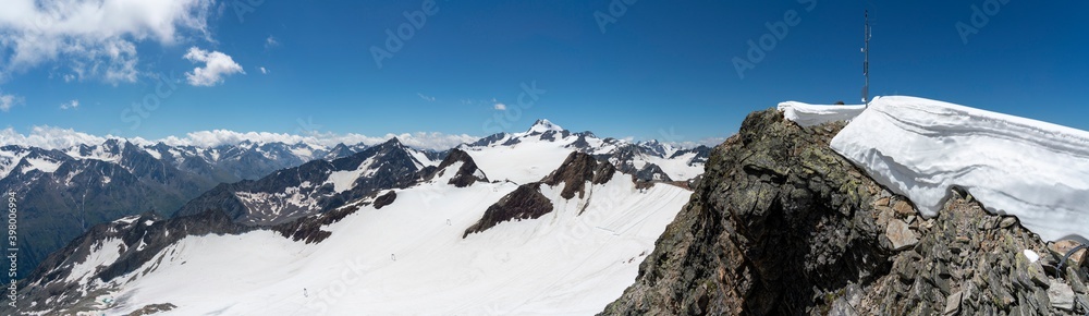 A panorama of snowy mountains in the austrian Alps close to Soelden.