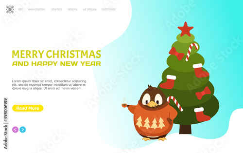 Merry Christmas and happy New Year web page, penguin in sweater with hot coffee cup. Flightless Arctic bird in clothes with beverage vector, push button on site