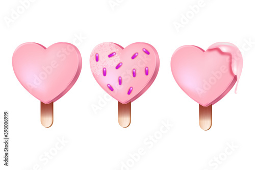 Heart-shaped vector summer ice-cream popsicle set with pink glaze, wooden sticks isolated on white. Valentine’s Day romantic dessert 3D illustration. Holiday sweet collection with heart ice-cream