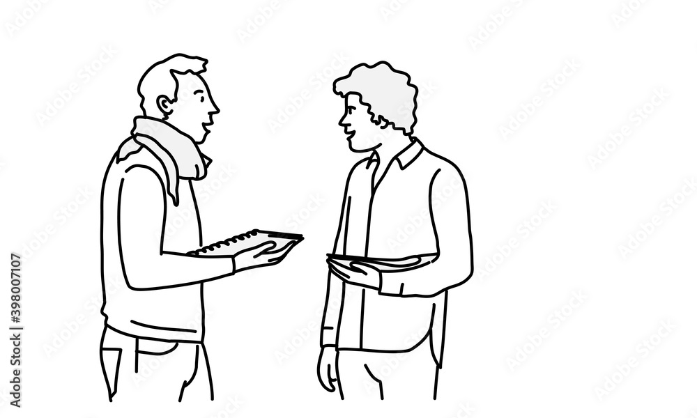 Two young men, students talking. Hand drawn vector illustration.