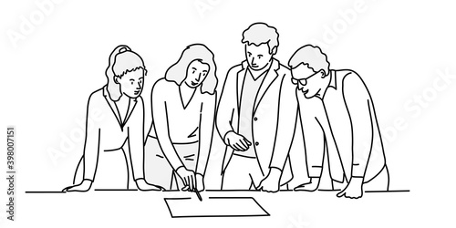 Business people discussing work. Teamwork. Hand drawn vector illustration.