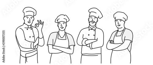 Основные RGBGroup of chef with arms crossed. Man showing ok gesture. Hand drawn vector illustration.