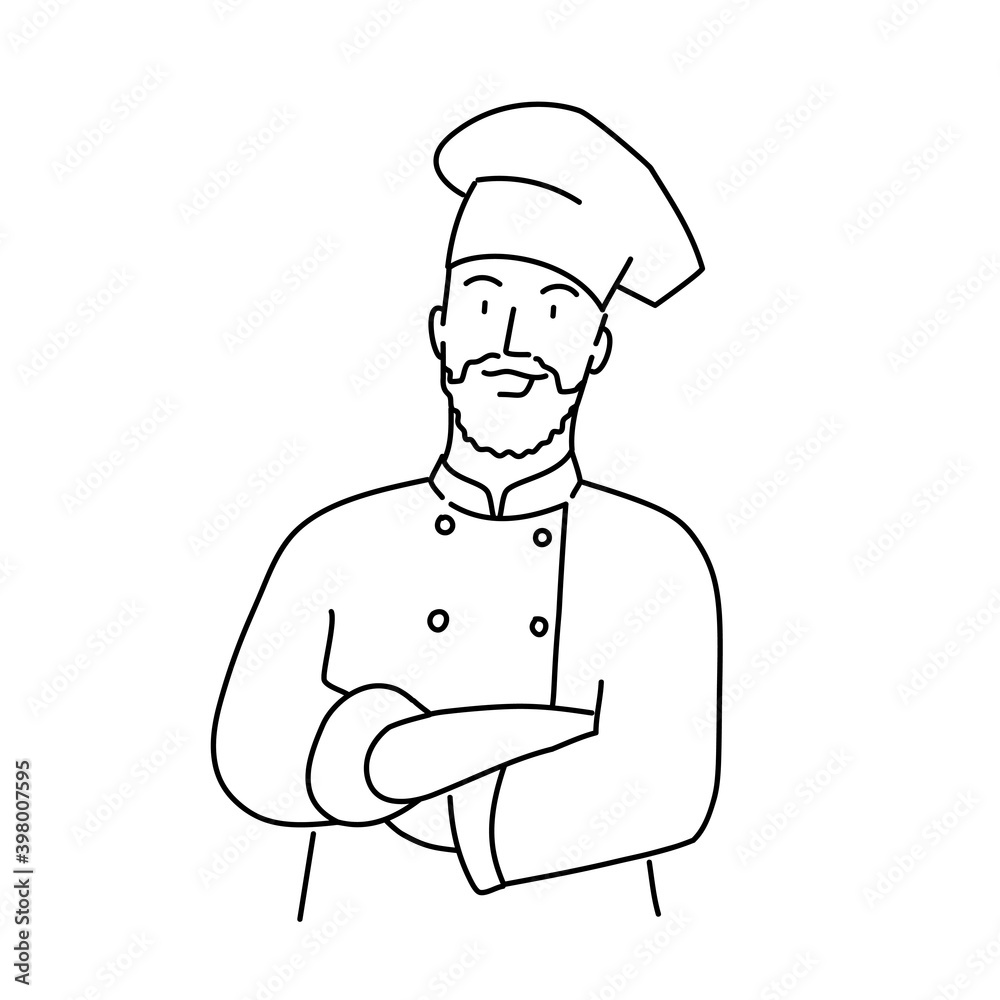 Bearded chef with crossed arms. Hand drawn vector illustration.