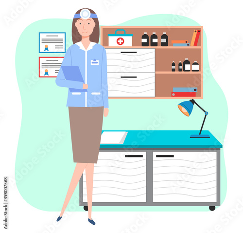 Veterinary care. Veterinarian doctor female character in the medical office. Medic in a medical room with special equipment, ENT doctor with frontal reflector. Smiling girl in veterinarian clothe
