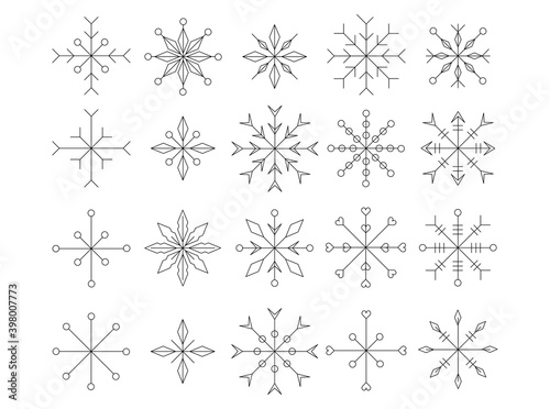 Set of 20 different isolated nordic style outline snowflakes for Christmas and New Year design.