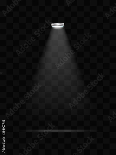 Realistic white glowing spotlights on a transparent background. Stage lighting. Vector.