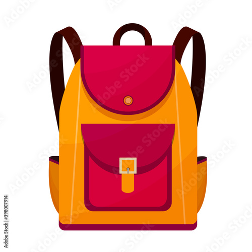 Colored school backpack. Education, schoolbag luggage, rucksack. Kids school bag with education equipment. Backpacks with study supplies. Student satchels. Vector illustration