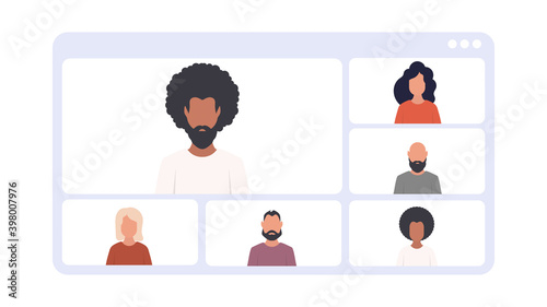 Application window with video conferencing. Online meeting, video call, business meeting. Vector.