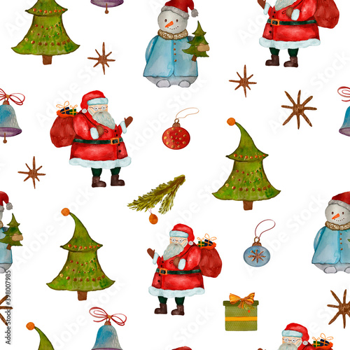 Watercolor illustration of New Years and Santa Claus pattern. Hand-drawn with watercolors and suitable for all types of design and printing. 