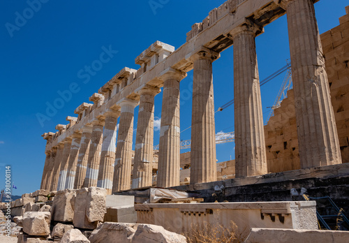 Athenian pantheon close up. Columns of the Athenian pantheon. Marble columns of an ancient temple. restored Athenian pantheon