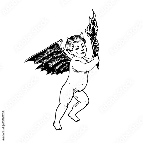 Little cute devil baby with torch, doodle drawing, woodcut style