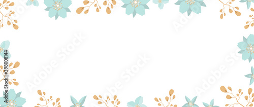 Wide Frame of flowers and leaves. Ready-made poster in gentle colors with space for text. For weddings and women's parties. Vector.
