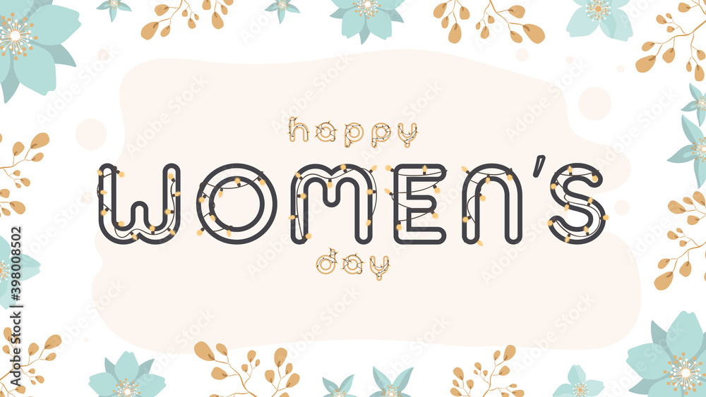 Happy womens day banner. Poster with flowers, leaves and grass. Delicate blue-brown tones. Wide ready-made poster with place for text. Vector.