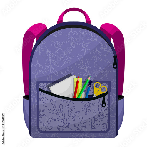 Colored school backpack. Education, schoolbag luggage, rucksack. Kids school bag with education equipment. Backpacks with study supplies. Student satchels. Vector illustration