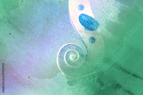 Old violin lying on the sheet of music, abstract watercolor concept