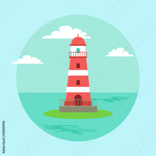 Lighthouse blue seascape horizon in daytime. Beacon surrounded by sea water vector illustration. Building with a small fence stands on a patch of island. Lighthouse on the background of sky and clouds