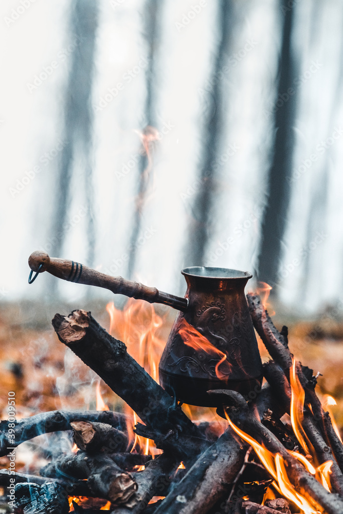 tea on the fire of nature. Burned fire 