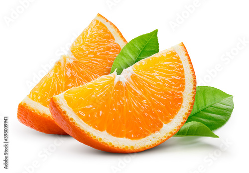 Orange fruit with leaf isolated. Orang slices with leaves on white. Orange slices with zest isol.