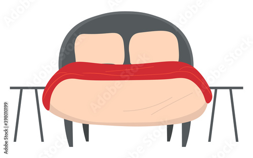 Bedroom interior design illustration. Bed with pillows and bedside tables. Bedroom at the hotel. Home furniture front view isolated on white. Double bad covered with a red veil, tabouret on the sides