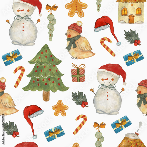 Watercolor illustration of New Year pattern. Hand-drawn with watercolors and suitable for all types of design and printing. 