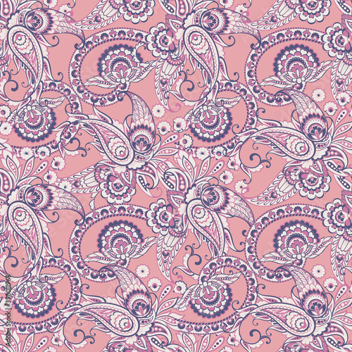 Paisley ethnic seamless vector pattern with floral elements.