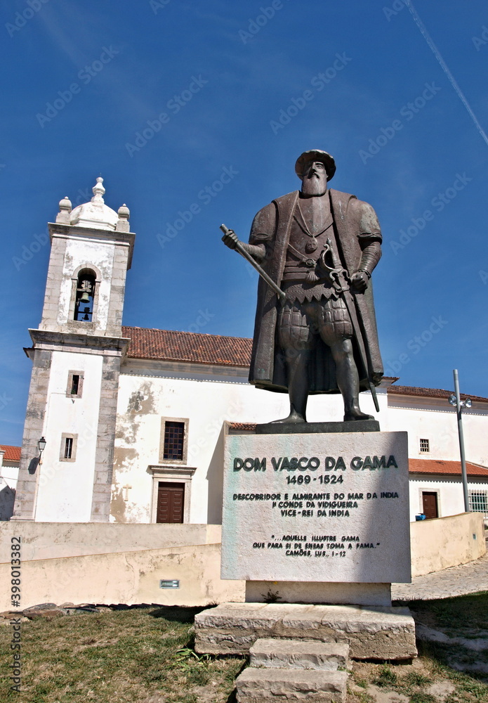 Vasco da Gama statue in front of the church in Sines, Alentejo - Portugal 
