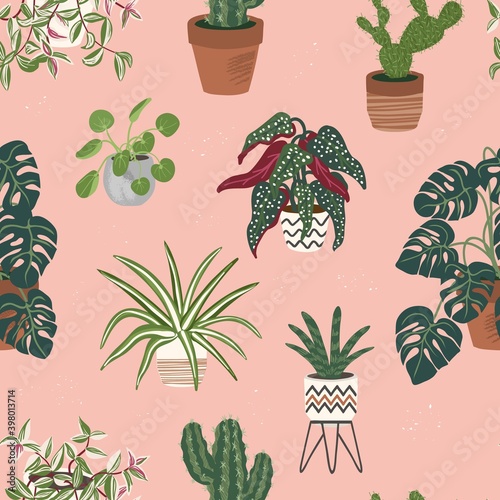 House plants seamless pattern. Trendy home decor with plants vector illustration. Flowers in pot, house interior design