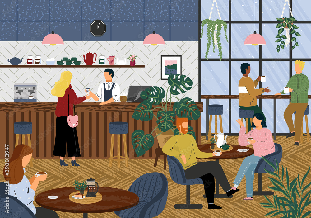 Morning coffee in cafe concept vector illustration. People at a table in a restaurant drink tea. Friends meeting for breakfast. People drink hot tea and talk. Woman orders coffee at the counter