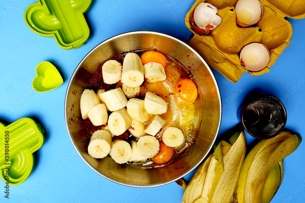 top view of mixture to prepare a banana cake. organic products. I cook at home. flat lay flat design